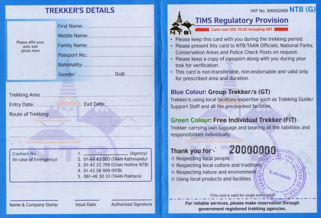 Langtang Trek Permit 2 Langtang trek permit TIMS card Sample for Nepal trekking trekkers information management system