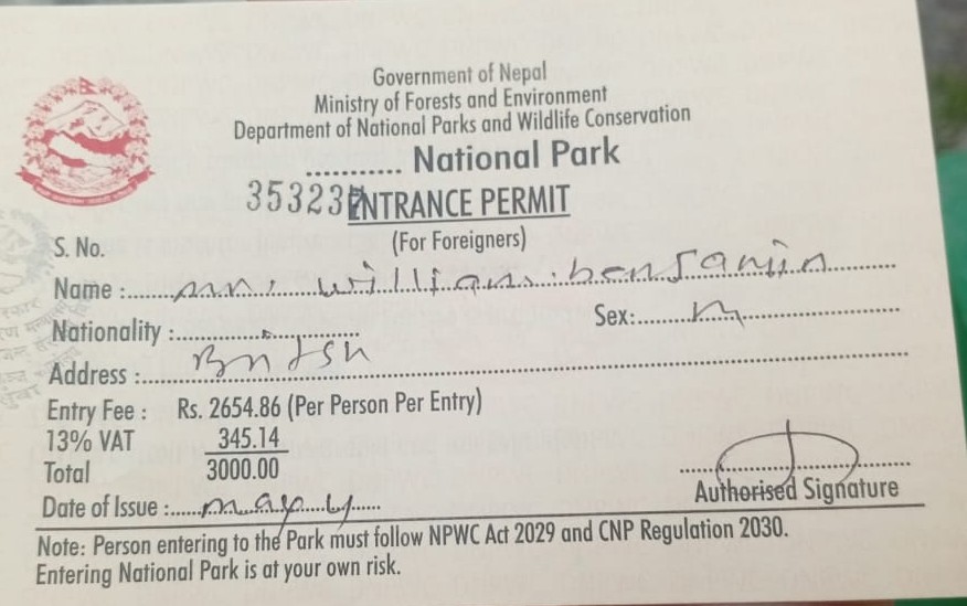 My First Time in Nepal – 9 days Langtang valley trek Experience 2 9 days Langtang valley trek national park entry permit